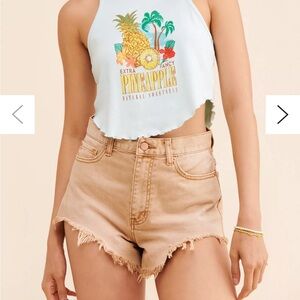 Size 24, tan, BDG cheeky denim shorts